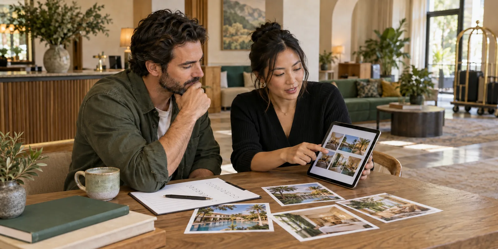 Inhaberin und Marketingverantwortlicher eines Gastbetriebs vergleichen Gästefoto-Software auf einem Tablet mit einem ausgedruckten Bewertungsbogen